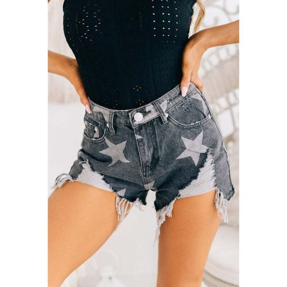 SALE! Blue Buttercup Star Print Black Demin Distressed Short 100% Cotton KP80880 - Picture 8 of 9